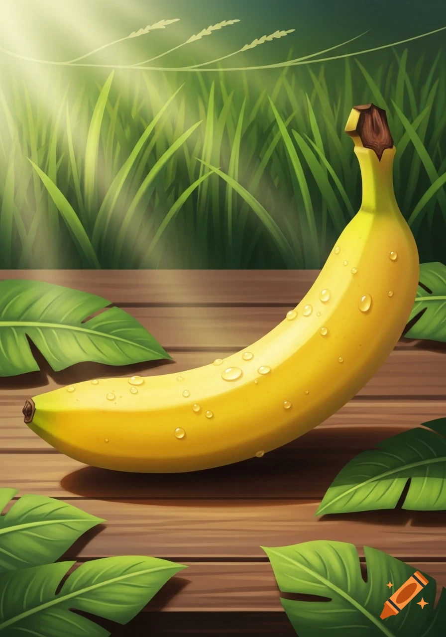 A bright yellow banana covered in water droplets rests on a wooden surface with green leaves and grass in the background, in a stylized illustration.