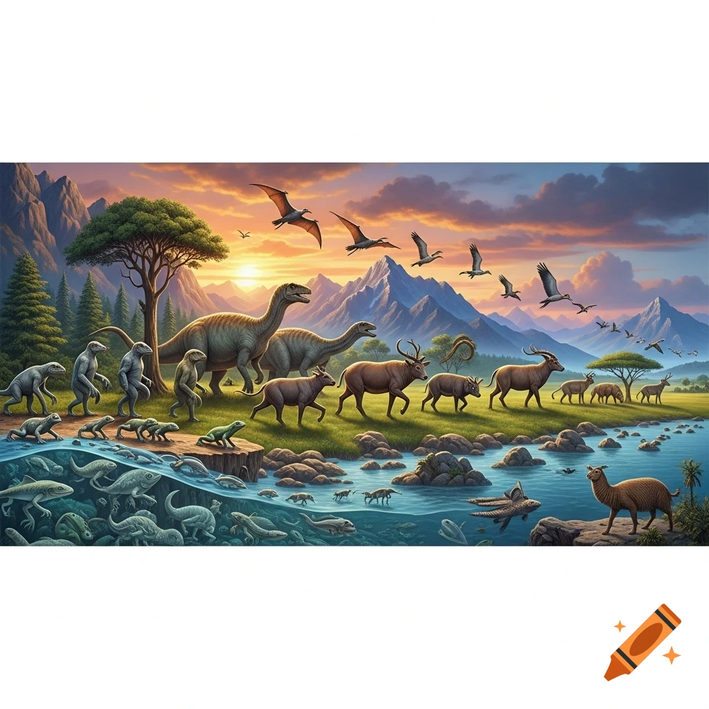 A vivid illustration showing the evolution of life: aquatic creatures, early land animals, dinosaurs, mammals, birds, and early hominids in a prehistoric landscape at sunset.