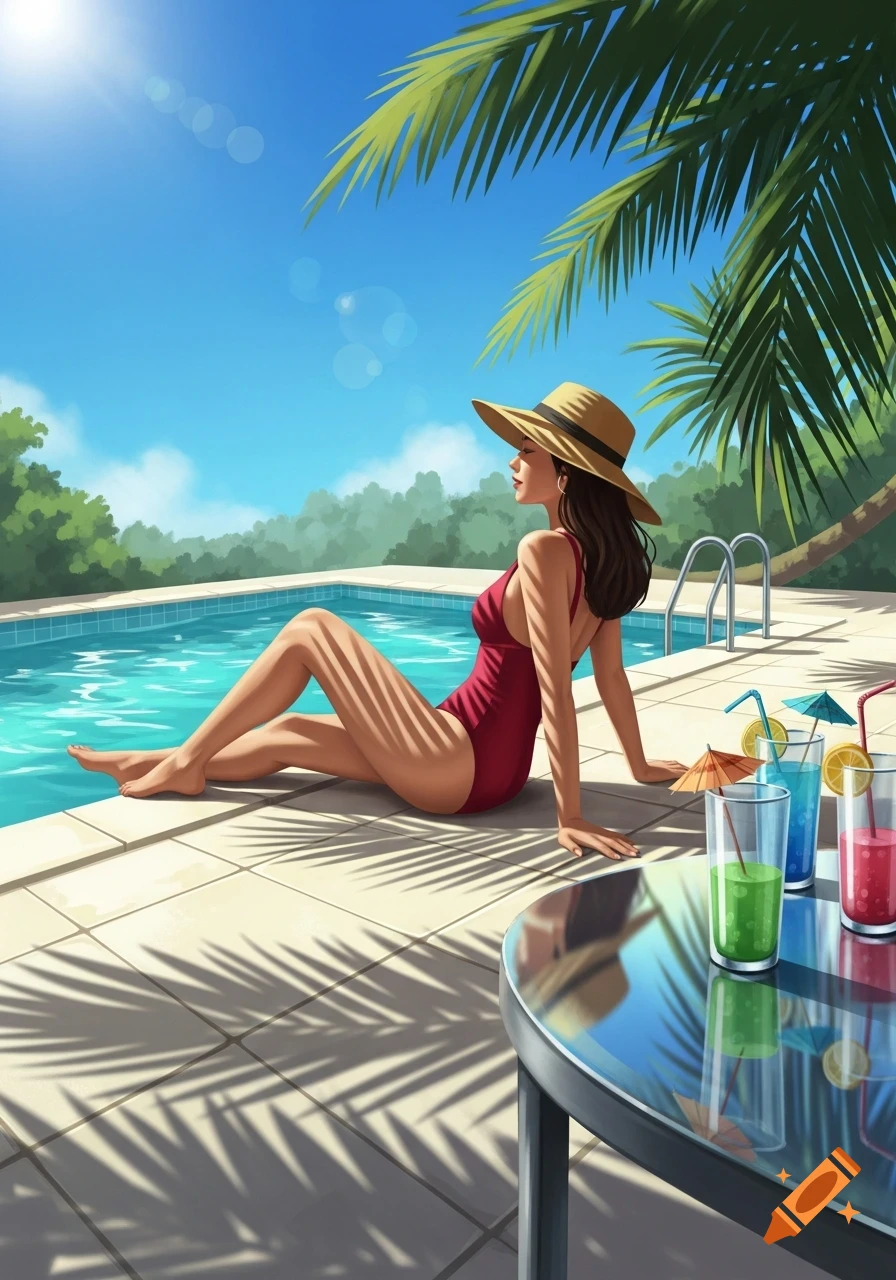 An illustration of a woman in a red swimsuit and straw hat sitting by a pool with palm tree shadows and colorful drinks.