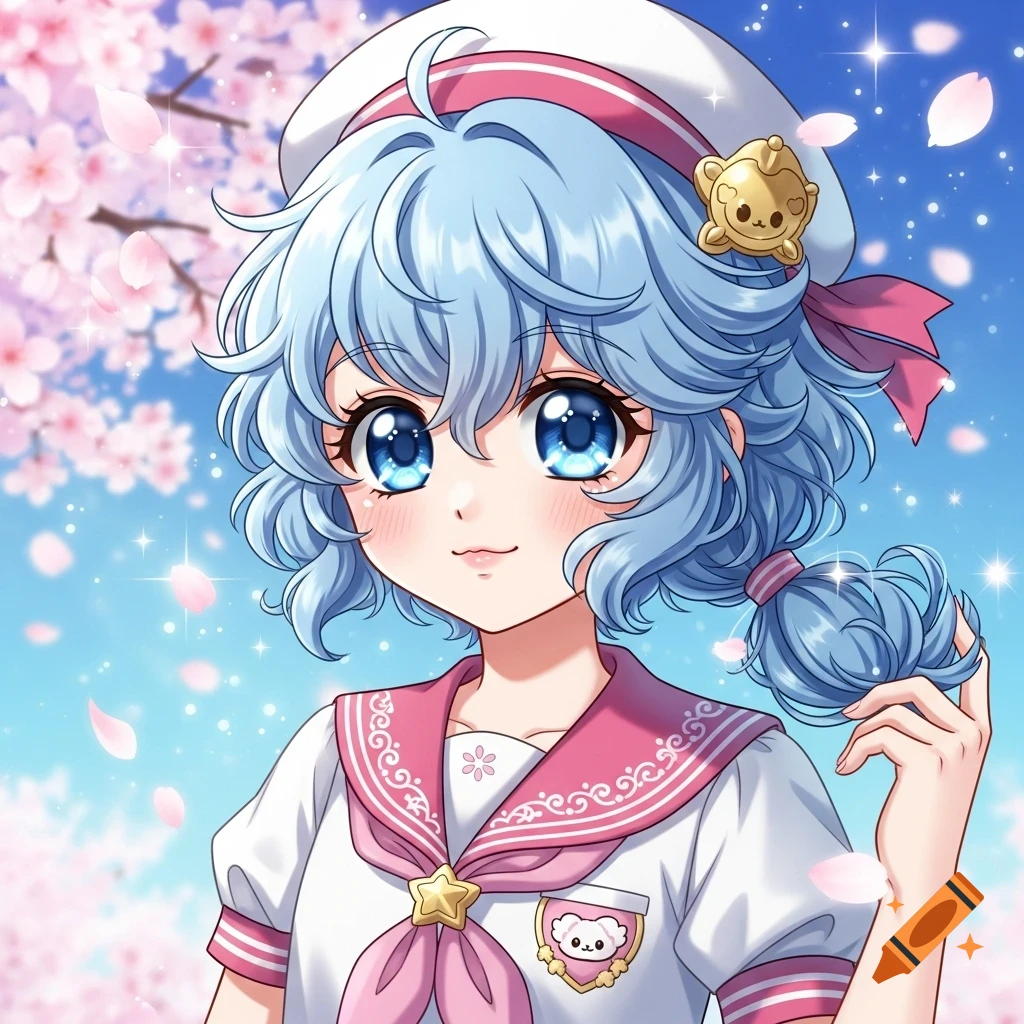 A cute anime girl with blue curly hair and big blue eyes smiles while wearing a white and pink sailor uniform, surrounded by falling cherry blossoms.
