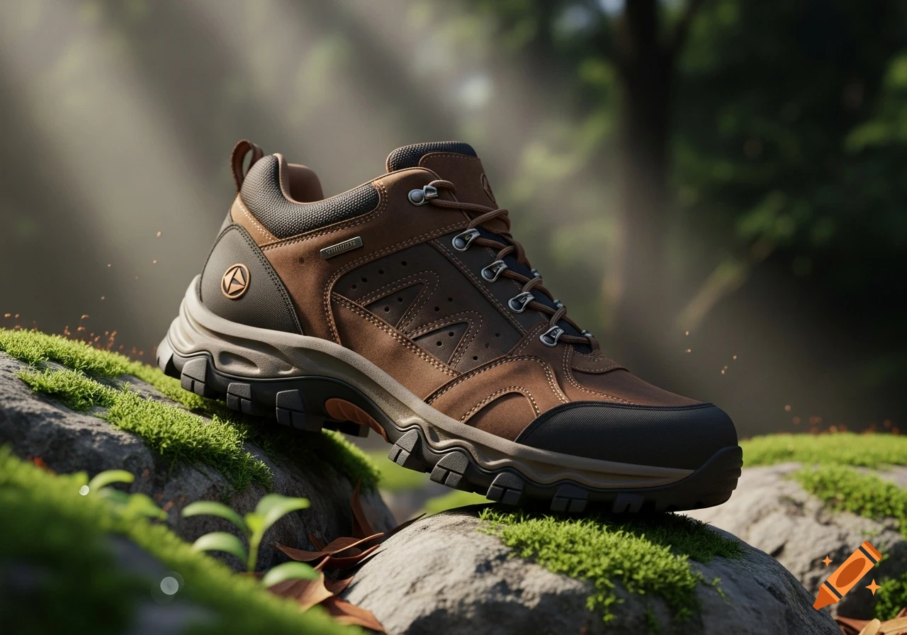 Photorealistic close-up of a brown and black hiking shoe resting on mossy rocks in a sunlit forest.
