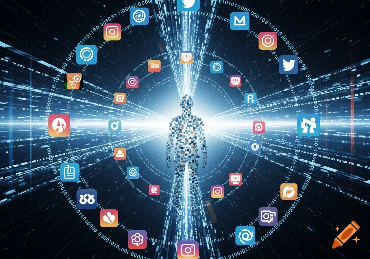 A glowing, pixelated human figure at the center of a digital vortex, surrounded by a circle of social media icons and binary code.