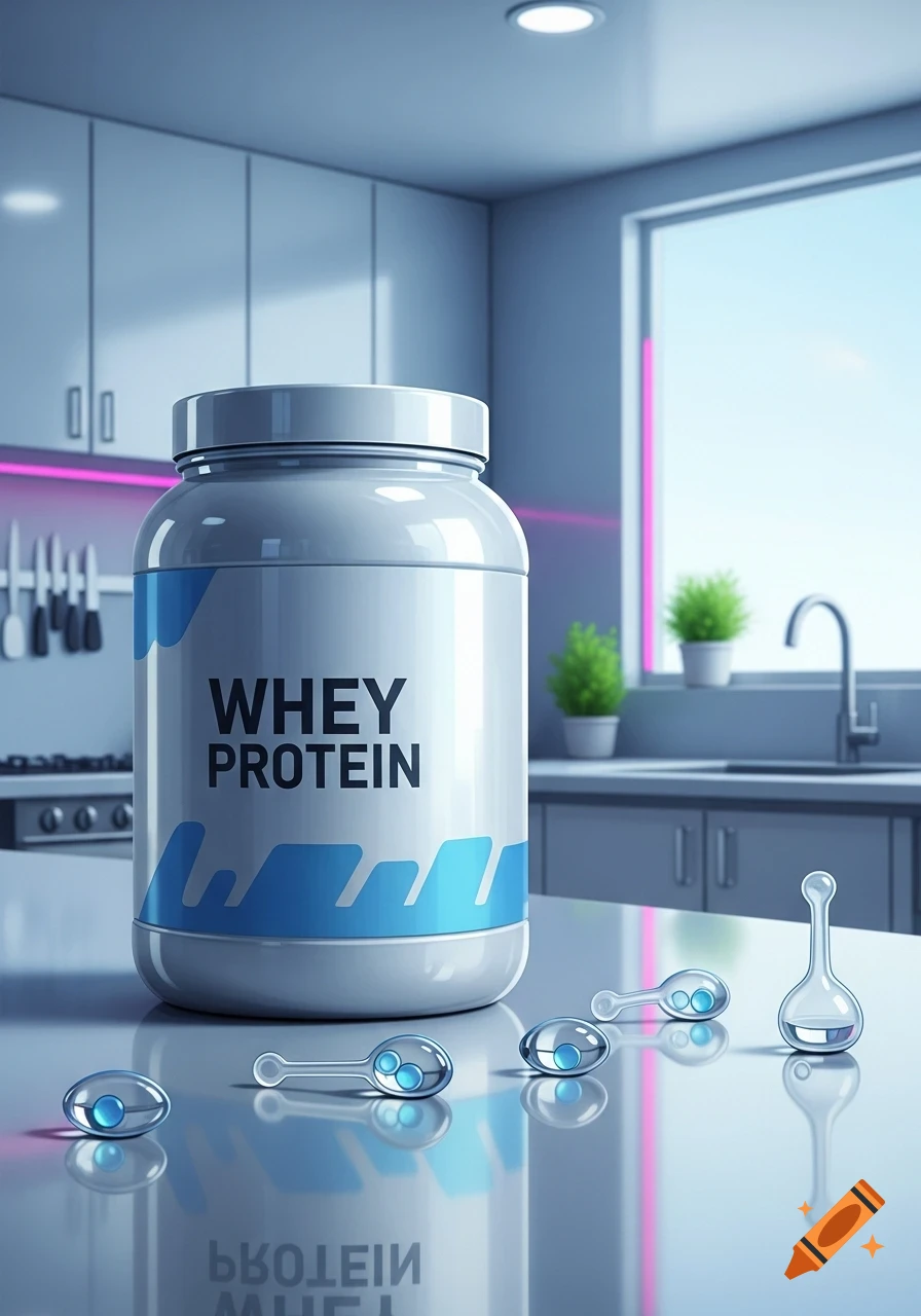 A white and blue tub of whey protein powder on a reflective kitchen counter with small blue capsules, a kitchen window, and a sink in the background.