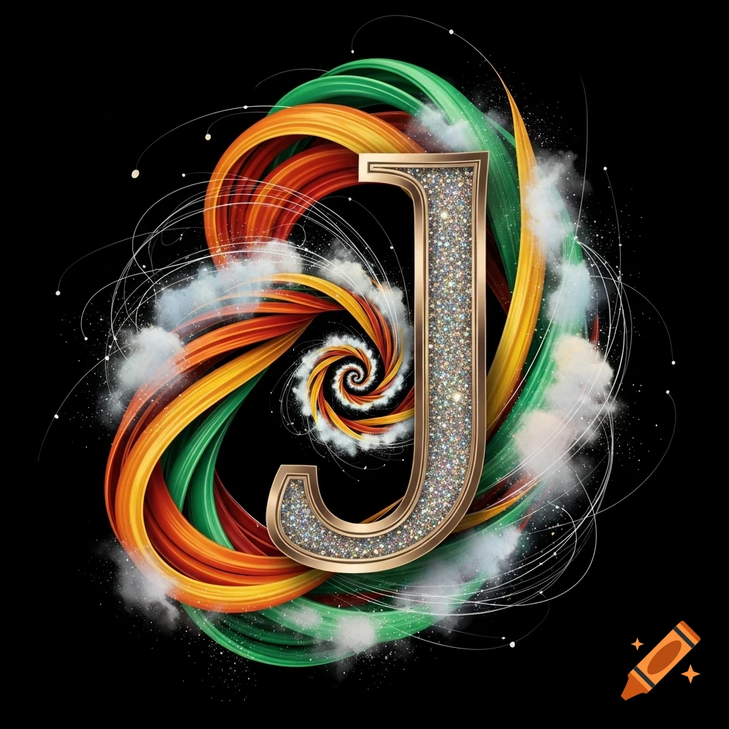 A glittering gold-outlined letter 'J' amidst swirling colorful ribbons, white wisps, and tiny dots on a black background.