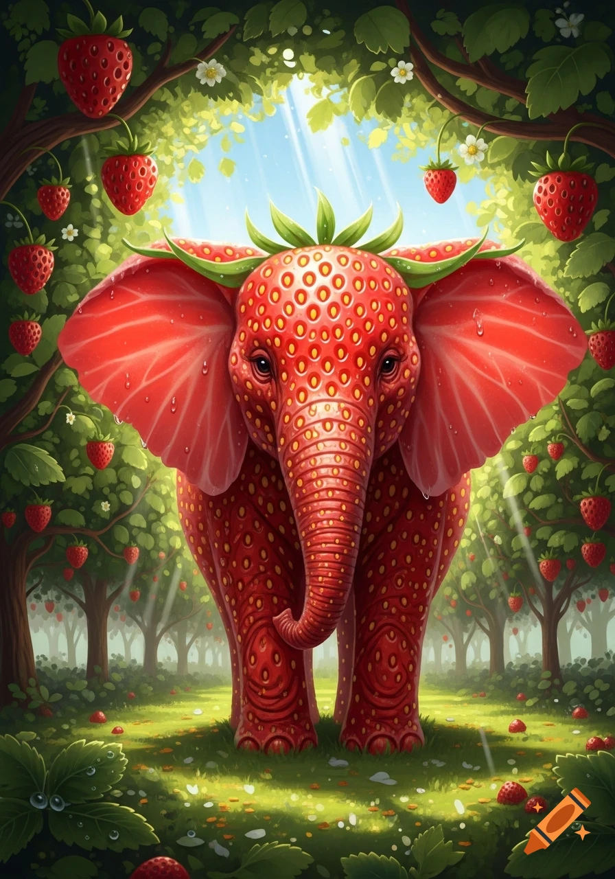 A whimsical strawberry elephant with red, seed-covered skin and green leaves for ears stands in a lush, sunlit fantasy forest.