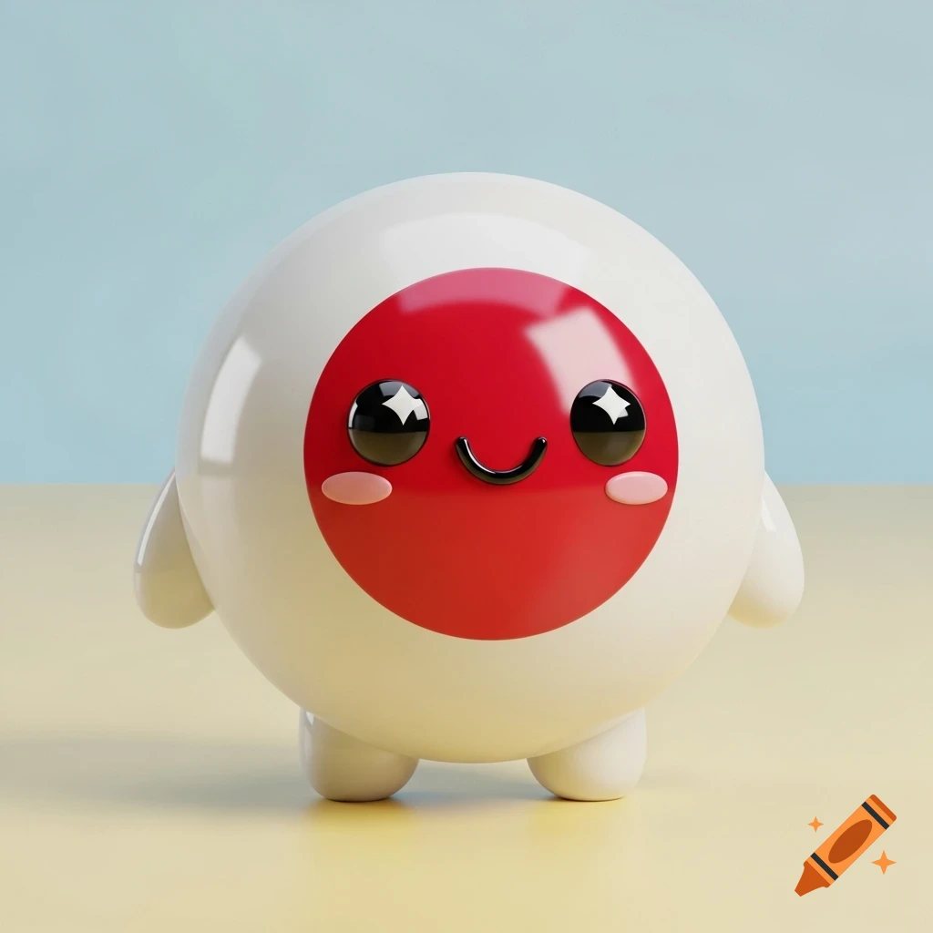 A cute 3D rendered spherical character resembling the Japanese flag with a happy face, standing on a light yellow and blue background.