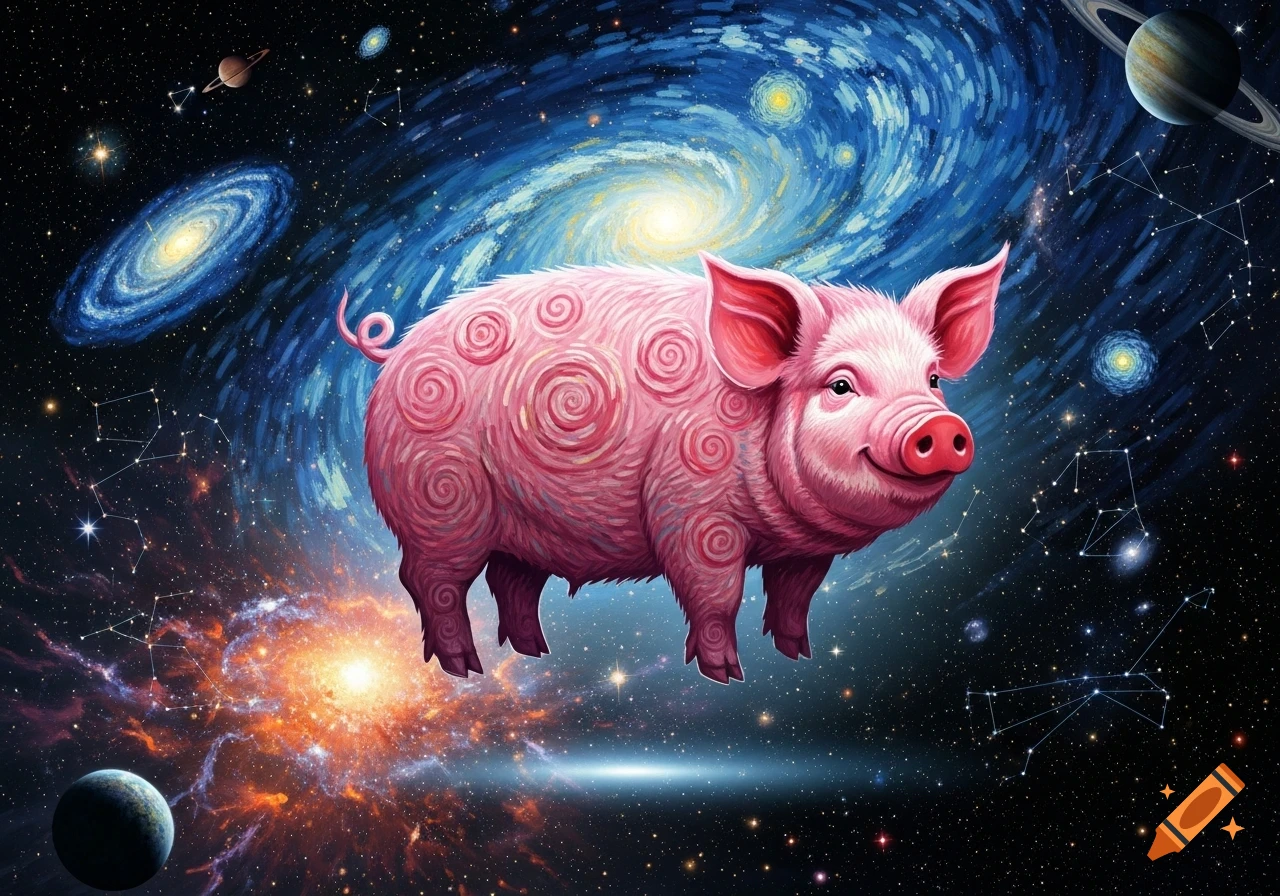 A pink pig with spiral patterns on its body floats in a vibrant, Van Gogh-style cosmic scene with galaxies and planets.