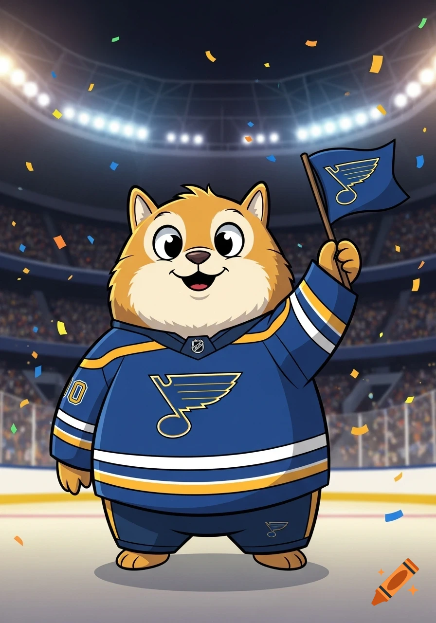 A cartoon hamster-like character in a blue and gold hockey jersey holding a flag with a musical note, standing on an ice rink in a stadium.