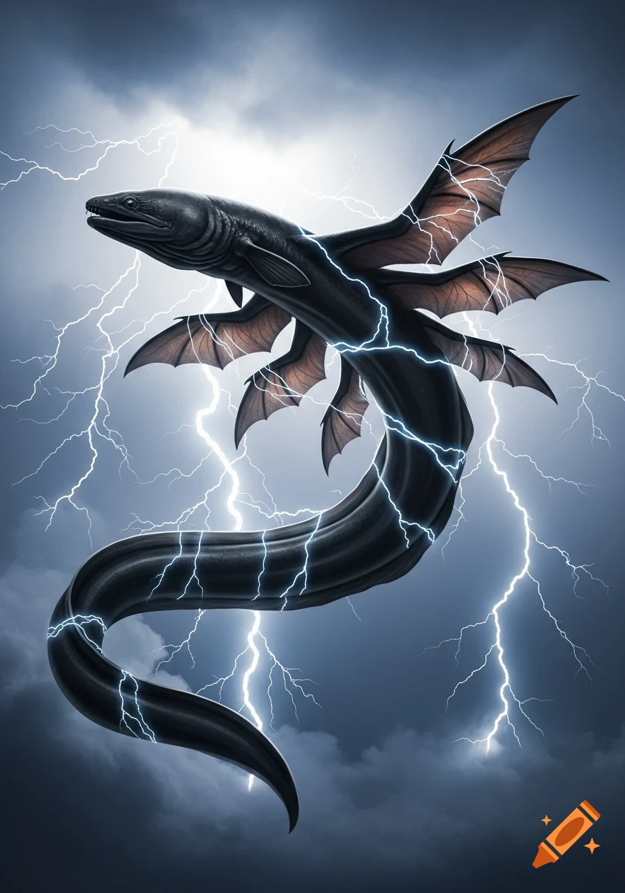 A large, dark eel-like creature with multiple bat wings flies through a stormy sky, surrounded by bright lightning bolts.
