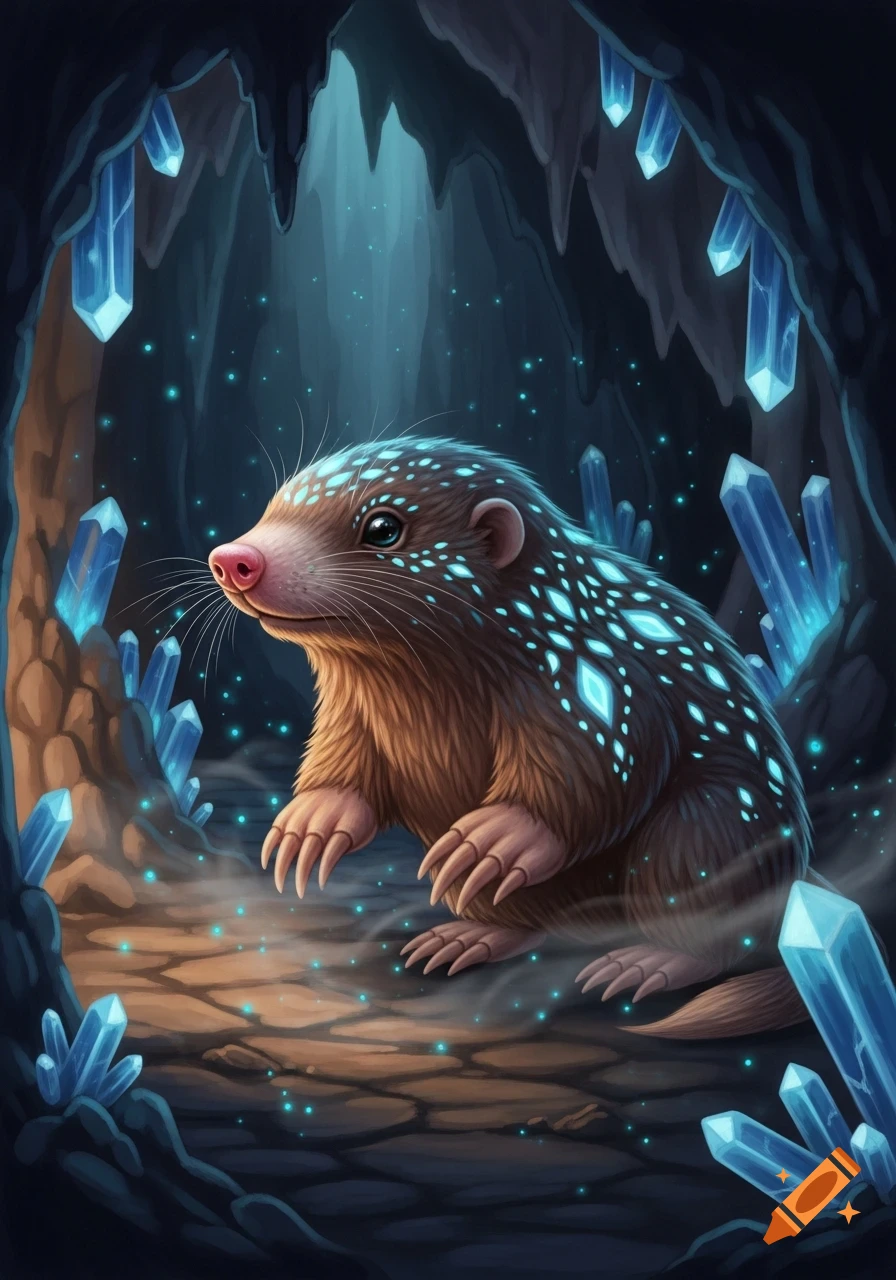 A bioluminescent mole-like creature with glowing blue patterns on its back sits in a dark crystal cave with bright blue crystals.