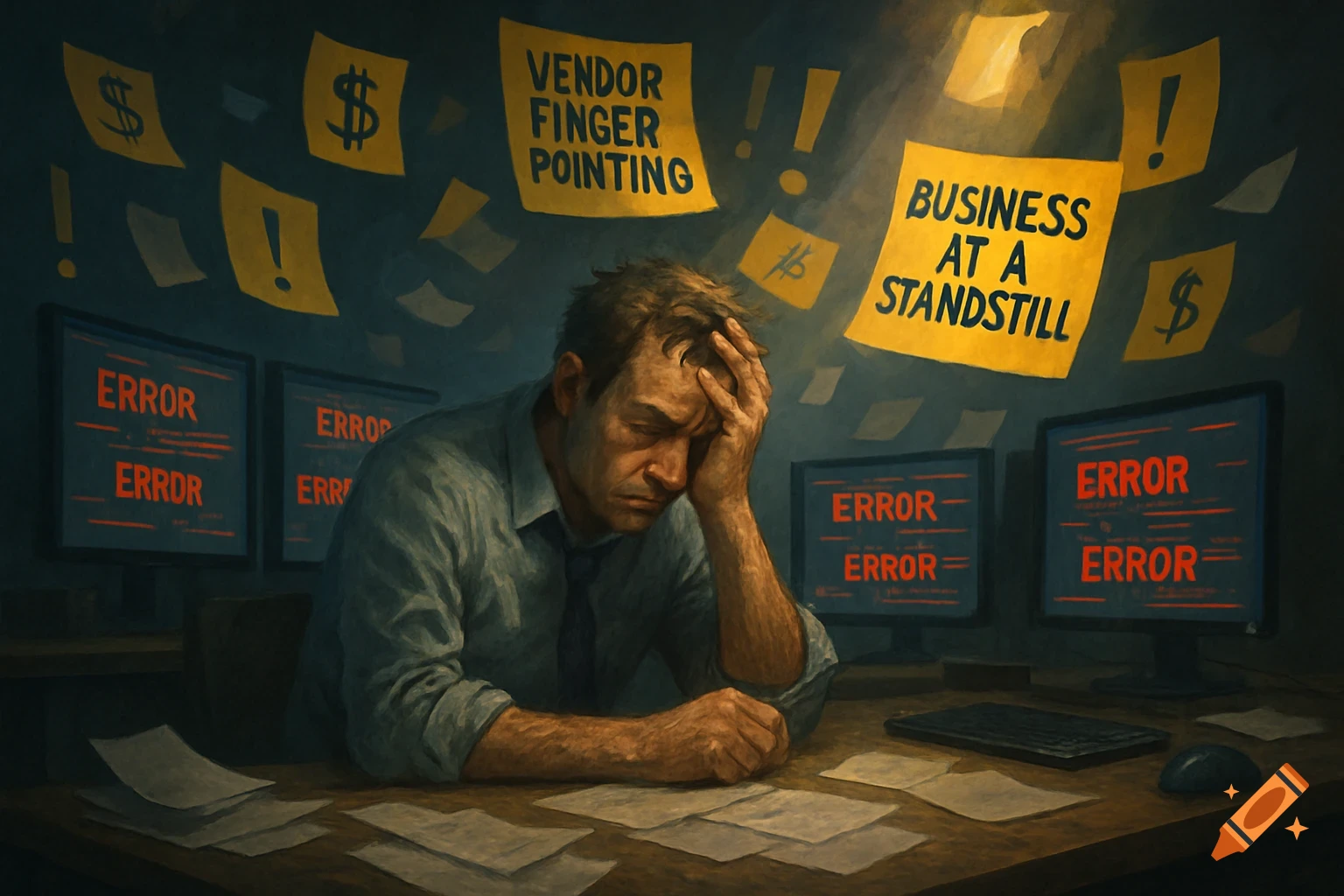 A frustrated man with his head in his hands sits at a desk with multiple monitors displaying 'ERROR' messages and yellow sticky notes on the wall saying 'VENDOR FINGER POINTING' and 'BUSINESS AT A STANDSTILL'.