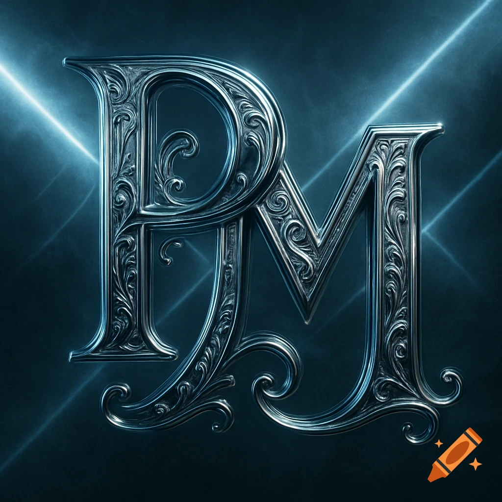 Ornate chrome monogram combining the letters P and M, with intricate swirling patterns, set against a dark, dramatic background with bright blue light streaks.