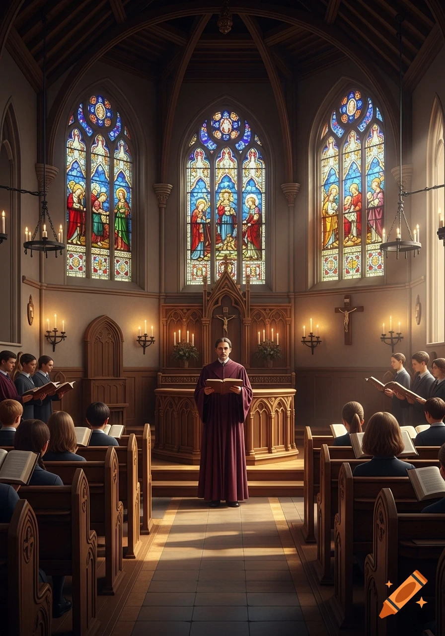 Photorealistic image of a religious service in a grand church, showing a priest at the altar and congregants in pews under stained glass windows.