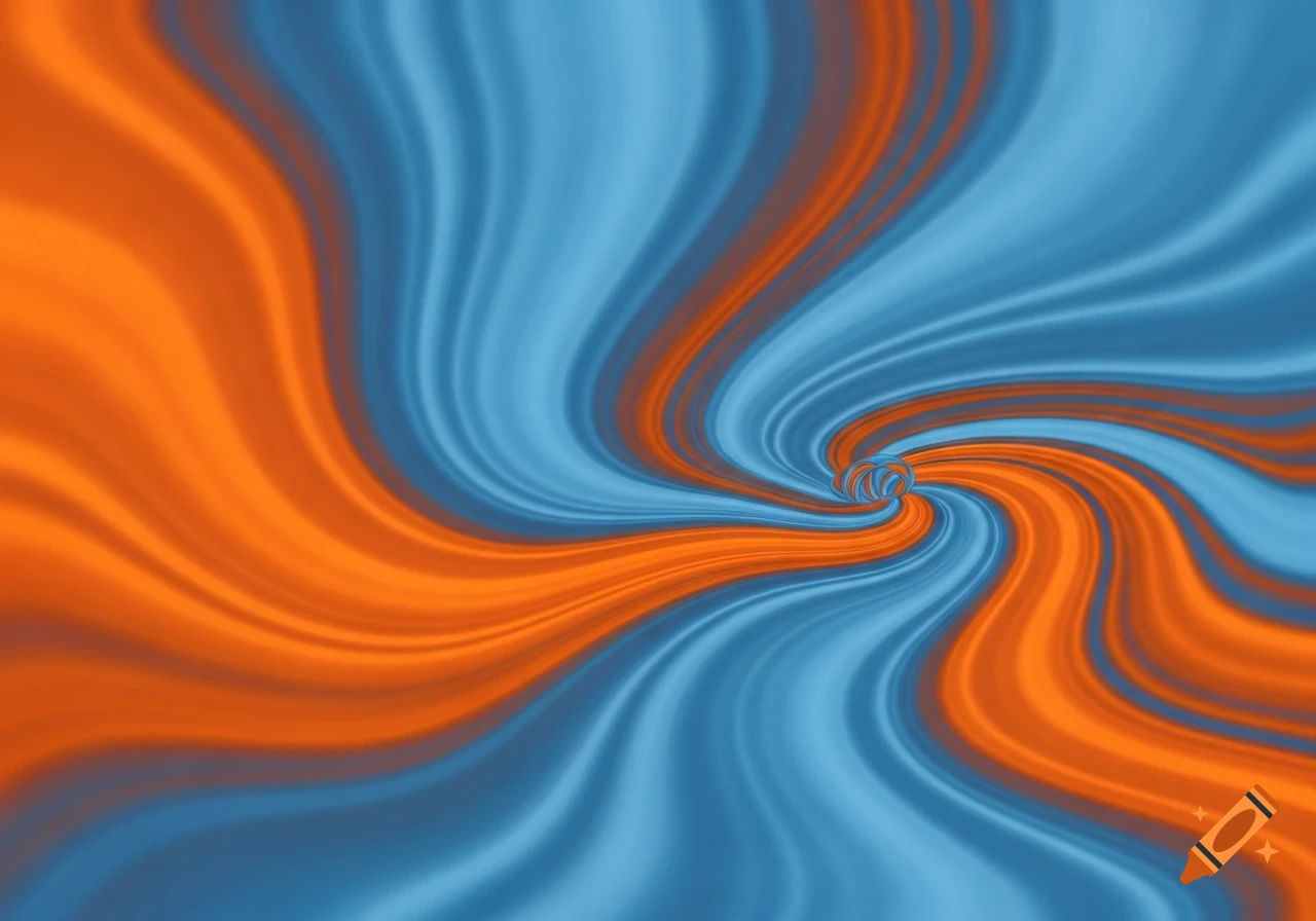 An abstract image of vibrant orange and blue colors swirling fluidly to a central point.