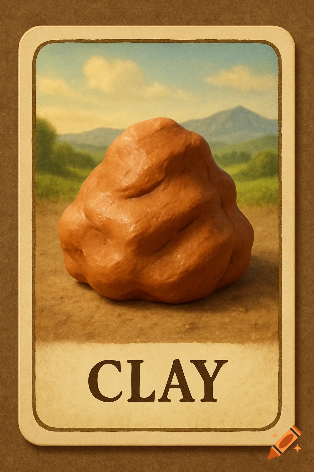 A Catan-style game card featuring a large, textured blob of orange-brown clay against a green and blue landscape, with the word "CLAY" printed at the bottom.