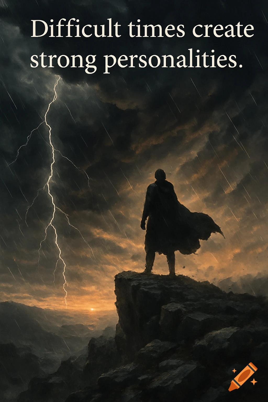 Figure on a stormy cliff with lightning. Text: 'Difficult times create strong personalities.'
