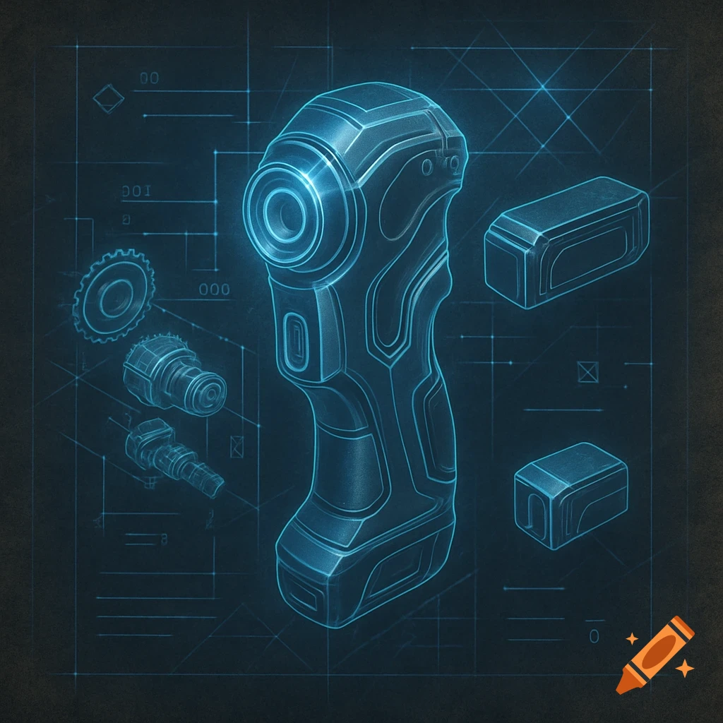 Glowing blue blueprint of a futuristic handheld gadget and its disassembled components on a dark background.