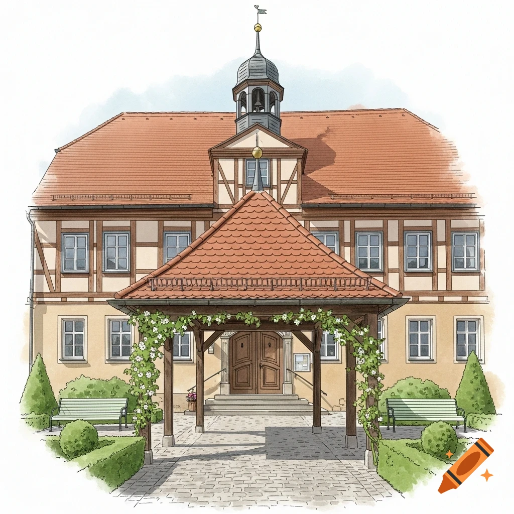 An architectural illustration of a European-style building with a red tiled roof, bell tower, and a canopy covered in white flowering vines over the main entrance.