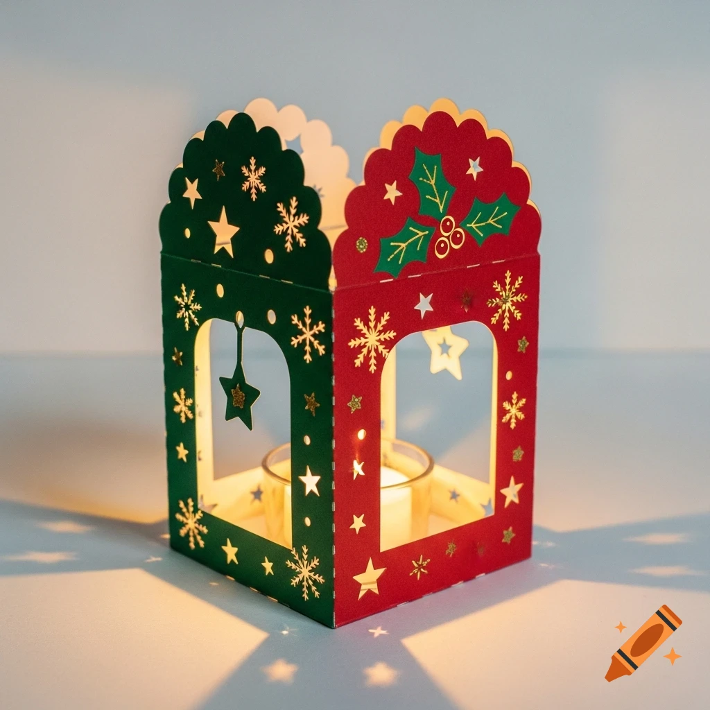 A festive green and red paper Christmas lantern craft with gold stars, snowflakes, and holly, glowing with a candle inside.