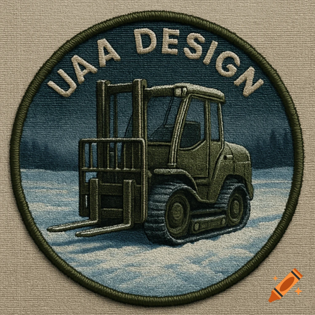 A circular military patch with fabric texture, depicting a green forklift on snow with text "UAA DESIGN" at the top.