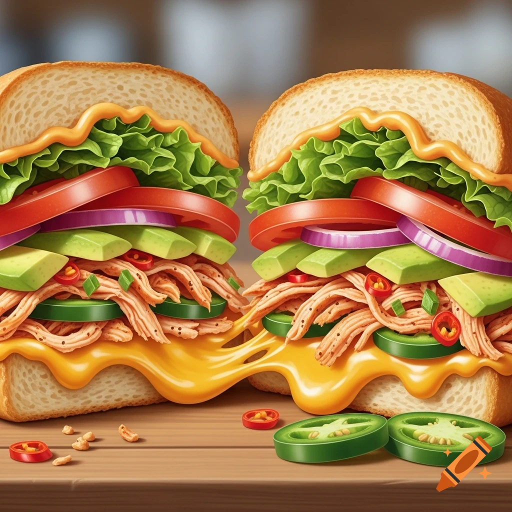 Two halves of a loaded toasted sandwich with melted cheese, chicken, avocado, lettuce, tomato, and peppers on a wooden table.