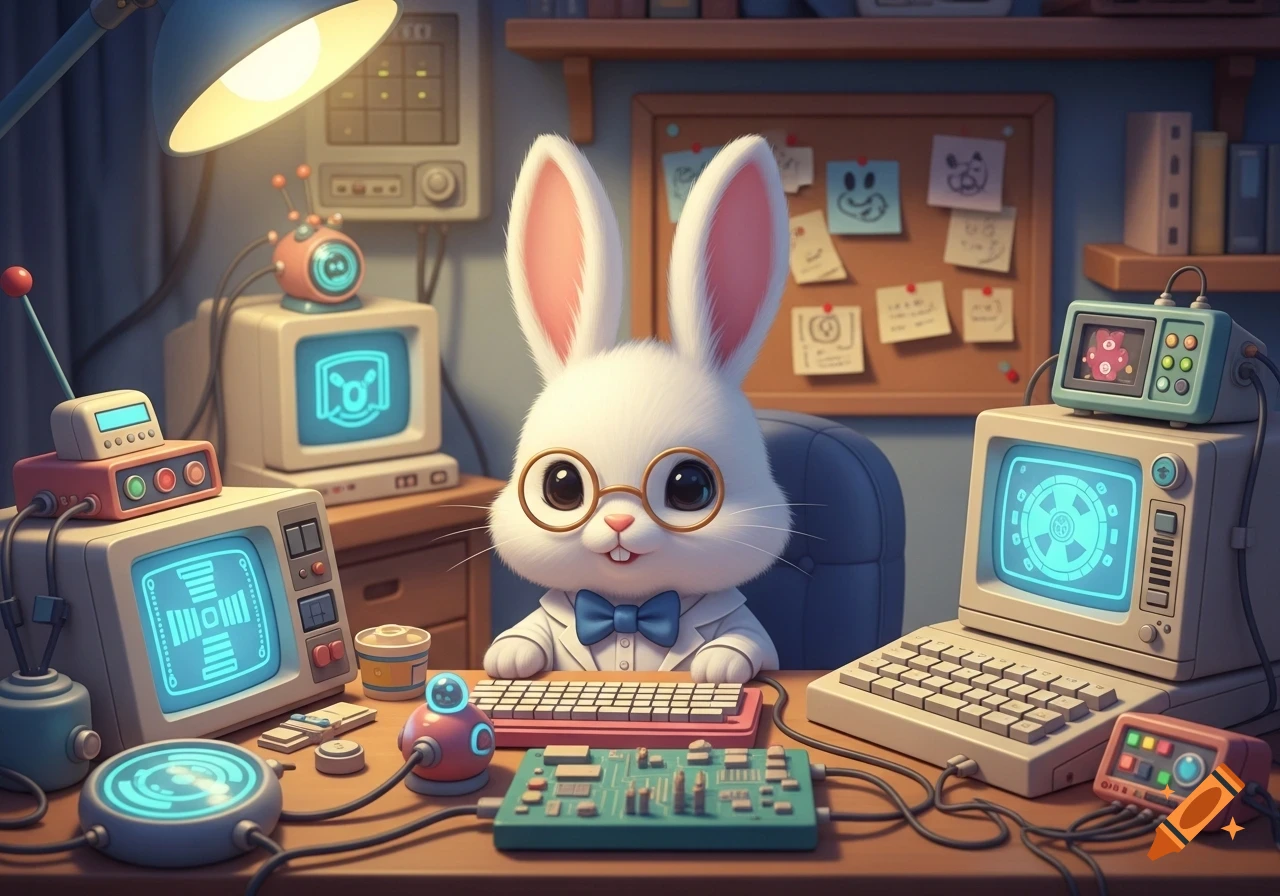 A cute cartoon white rabbit wearing glasses and a bow tie sits at a ...