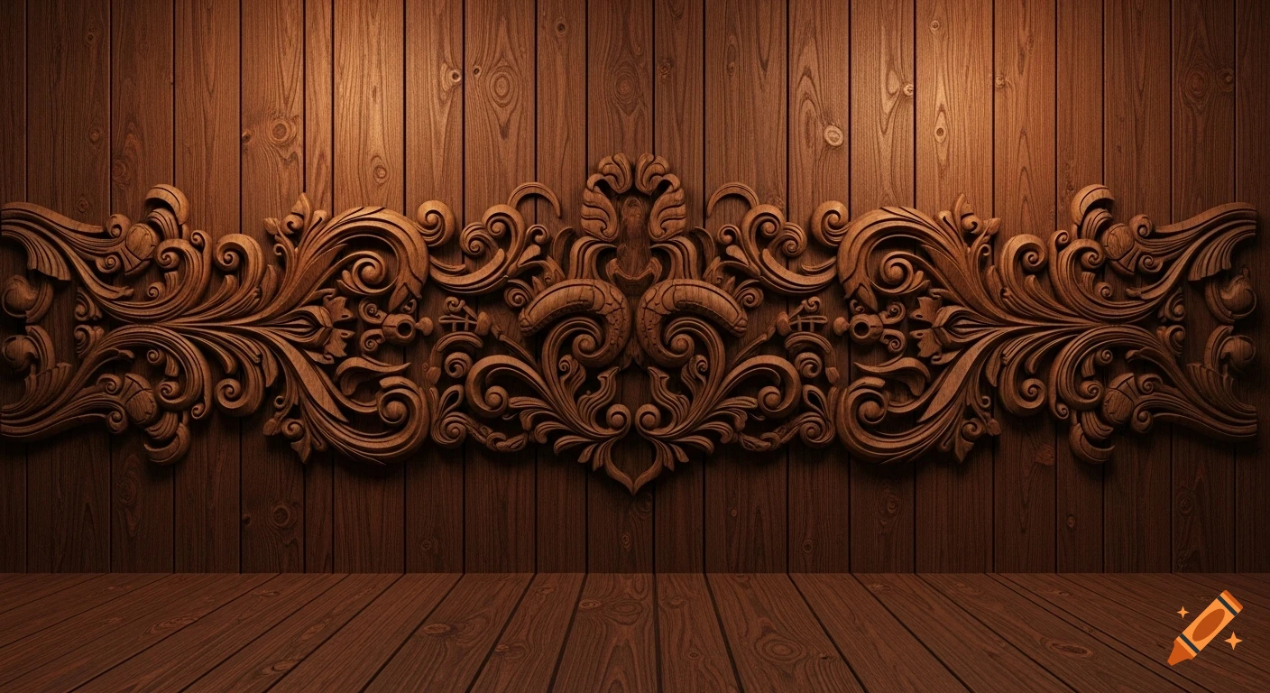Elaborate, symmetrical dark brown wooden carving on a paneled wood wall, with a matching wood floor.