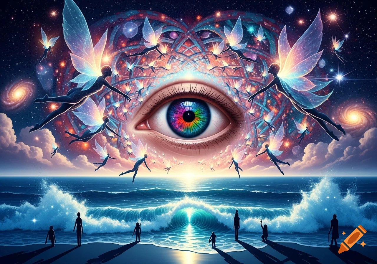 A vibrant surreal fantasy scene with a giant rainbow eye in a starry sky, surrounded by glowing fairies above an ocean with silhouetted figures on the beach.