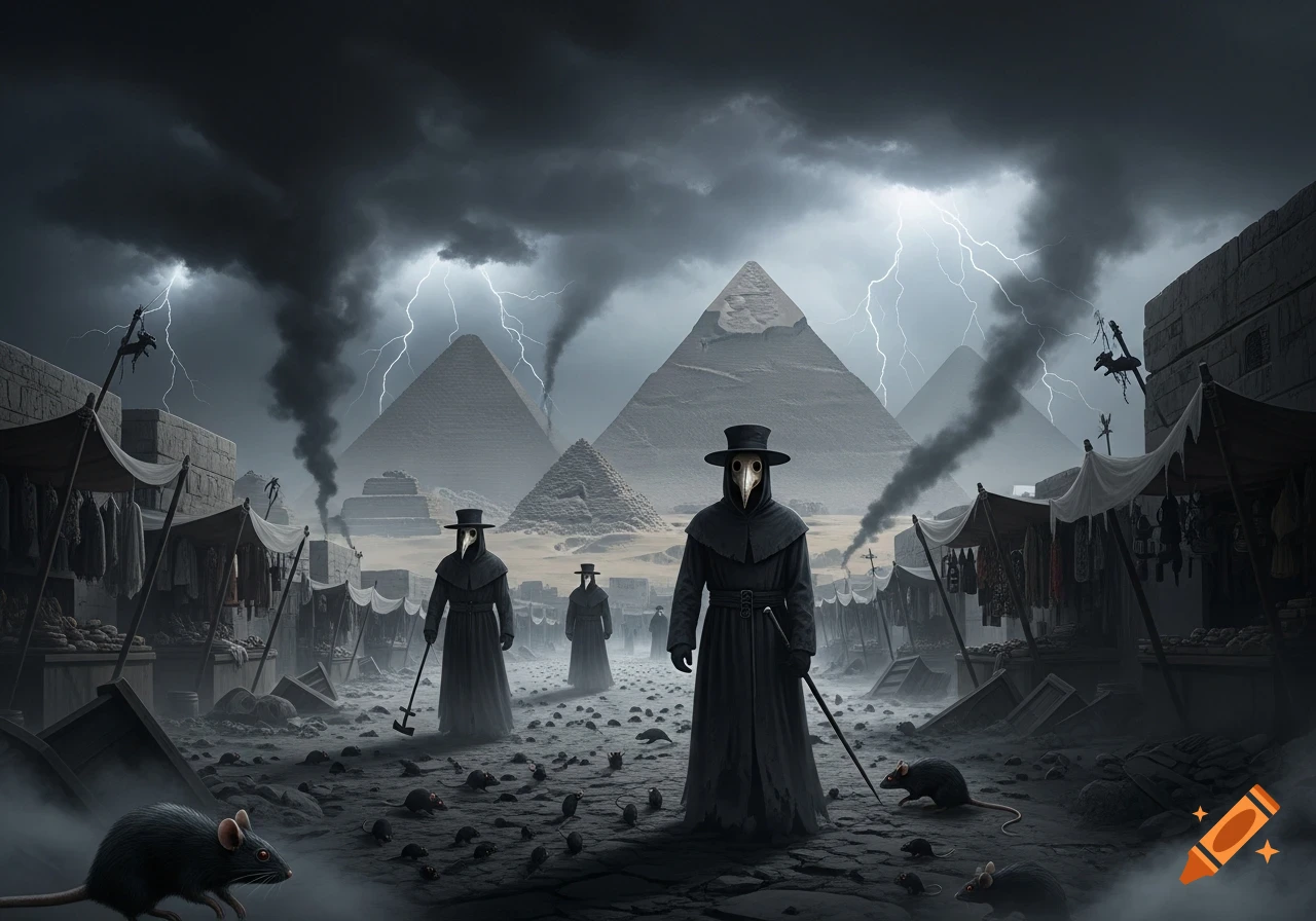 Photorealistic dark scene with plague doctors and rats in a market street, set against Egyptian pyramids under a stormy, lightning-filled sky.