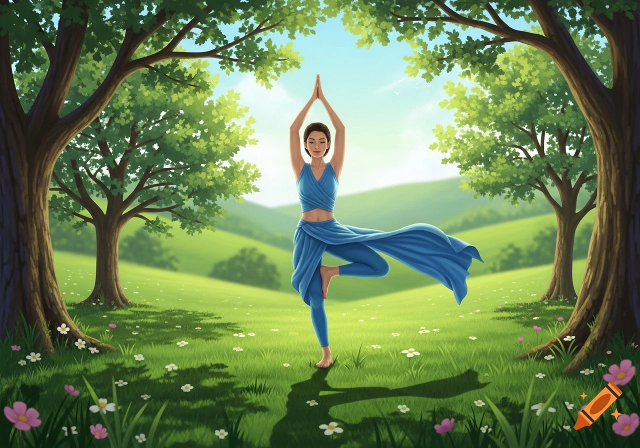Illustrated woman in a blue outfit practicing a yoga tree pose in a vibrant green field surrounded by trees under a clear sky.