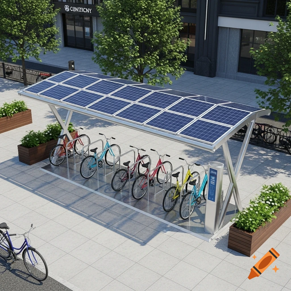 Photorealistic bike parking with a solar panel canopy over colorful bikes on a tiled sidewalk, urban setting.