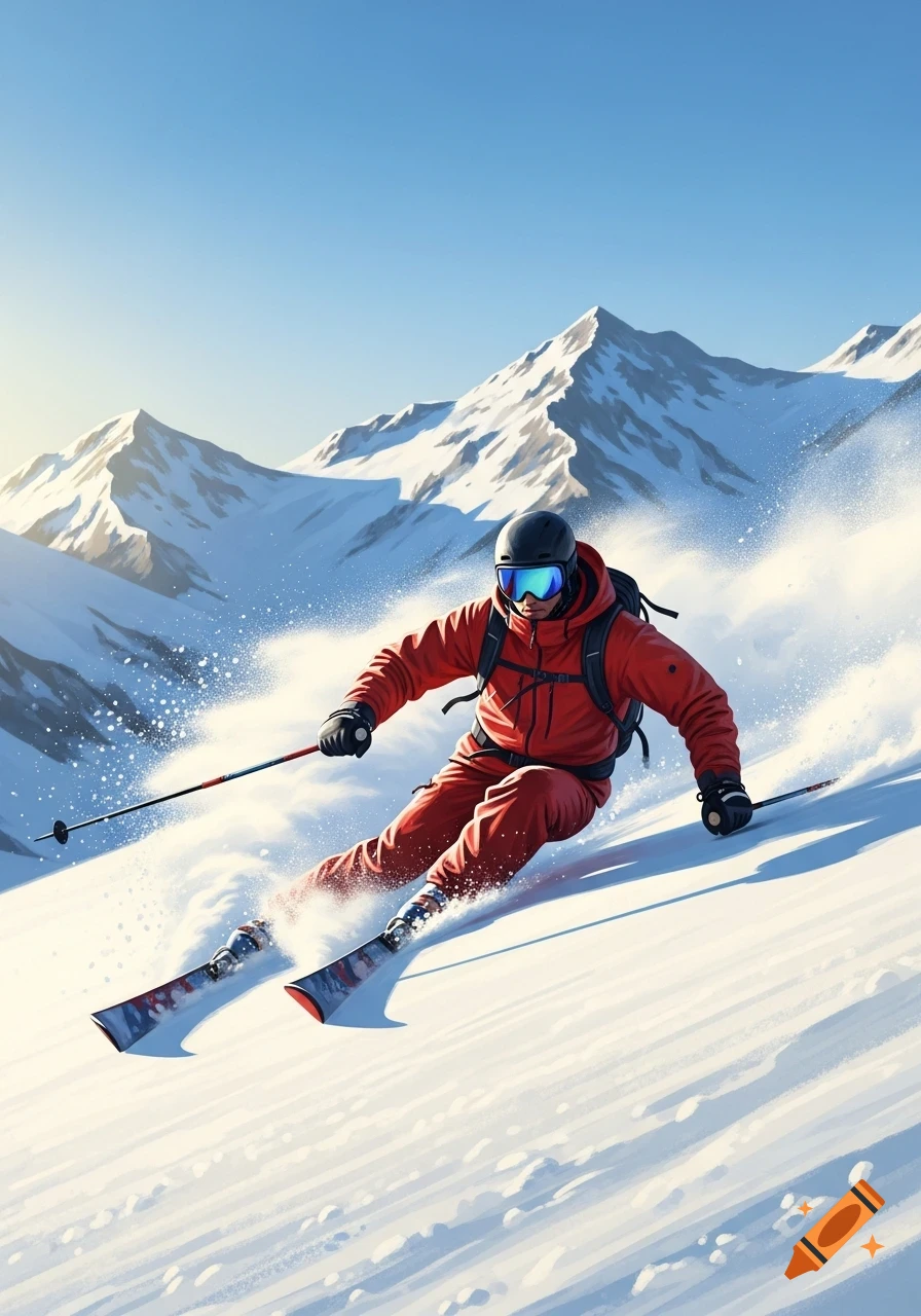 A skier in a red suit and goggles descends a snowy mountain, kicking up powder under a blue sky.