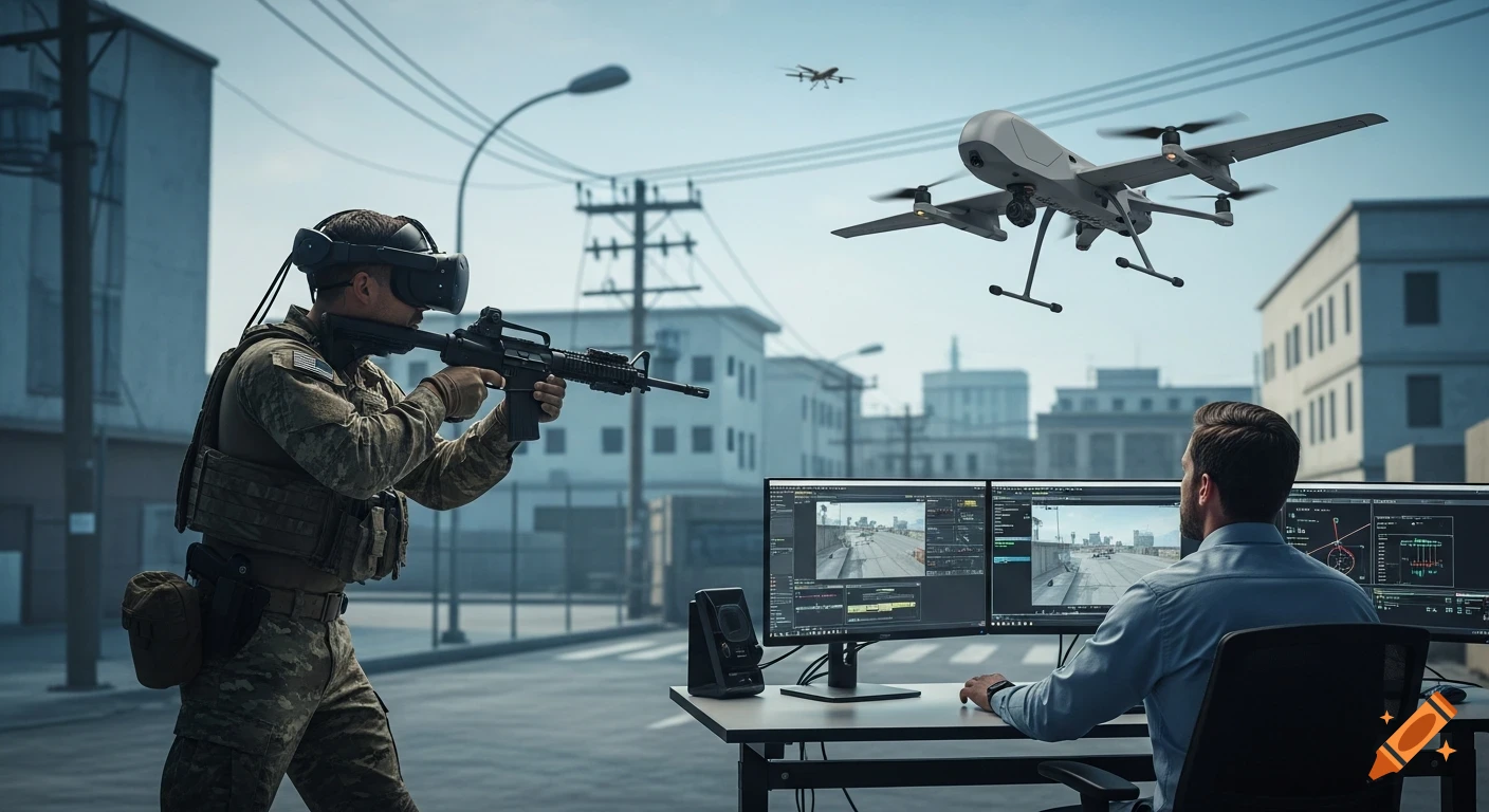 Soldier in VR headset aims rifle at drones while an instructor monitors on multiple screens in an urban setting.