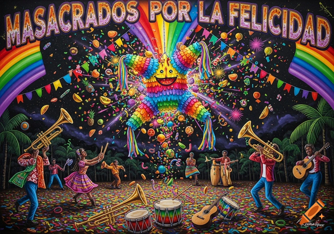Vibrant, psychedelic mural of a tropical party with a rainbow piñata exploding sweets, confetti, and people dancing with instruments.