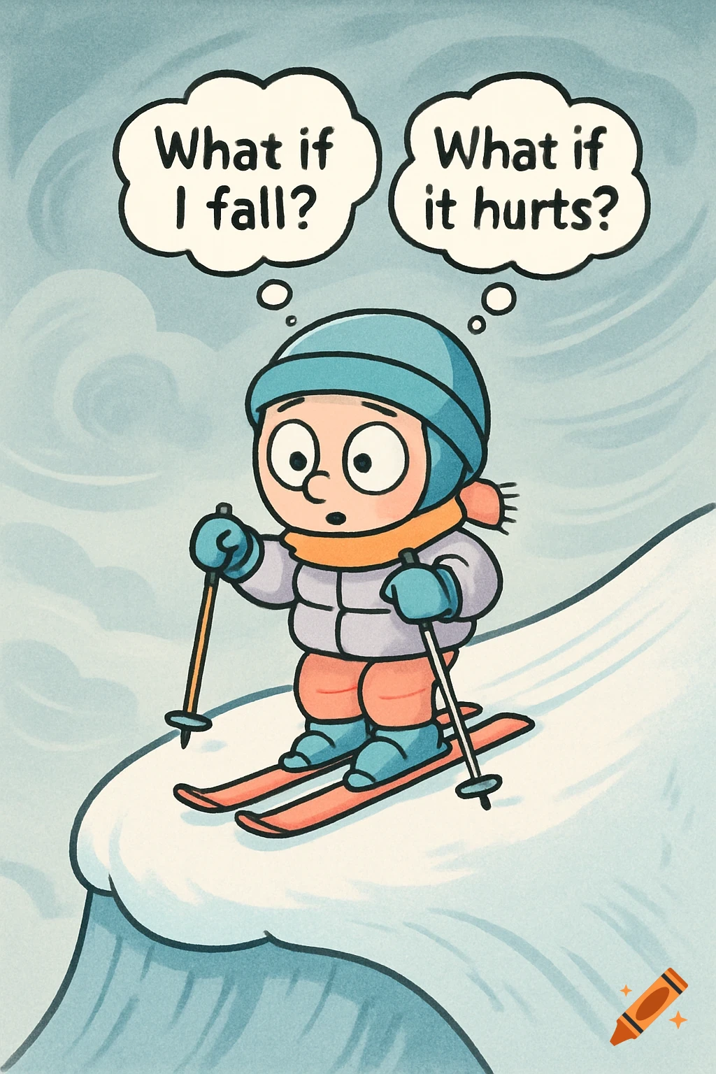 Cartoon clip-art of a nervous small skier on a snowy hill, thinking "What if I fall?" and "What if it hurts?".