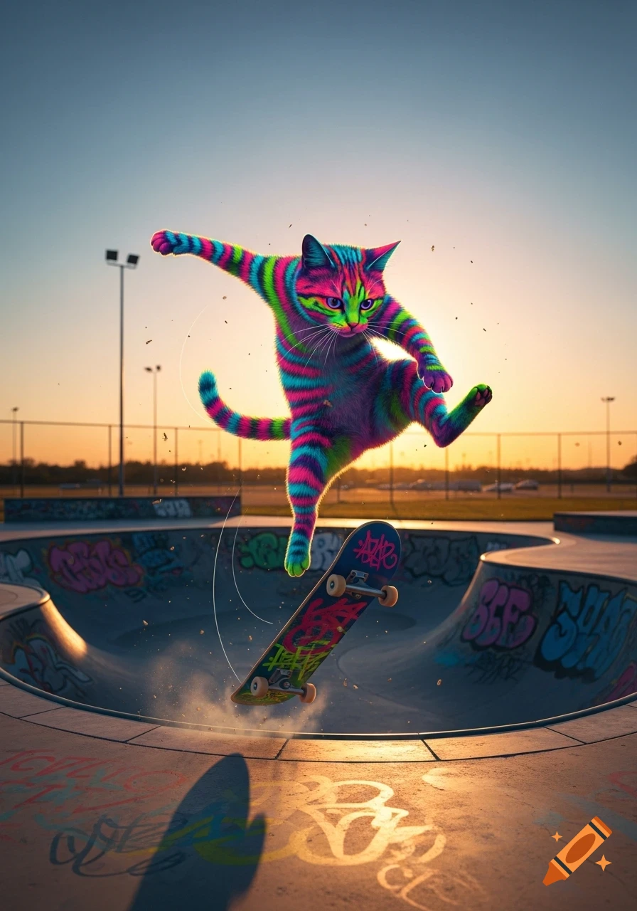 A vibrant, rainbow-striped cat in mid-air performing a trick on a skateboard in a graffiti-covered skate park at sunset.