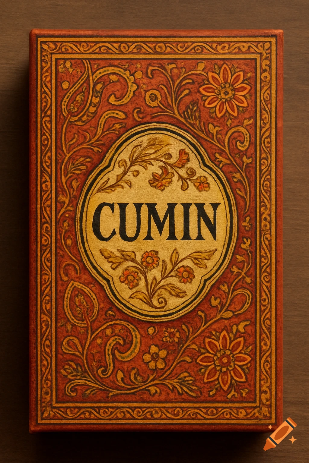 A decorative spice package titled CUMIN with traditional gold and red floral patterns.