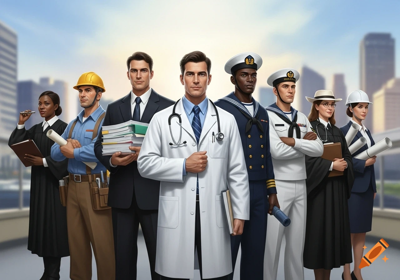 A group of diverse professionals, including doctors, lawyers, engineers, and sailors, standing against a blurred city skyline.