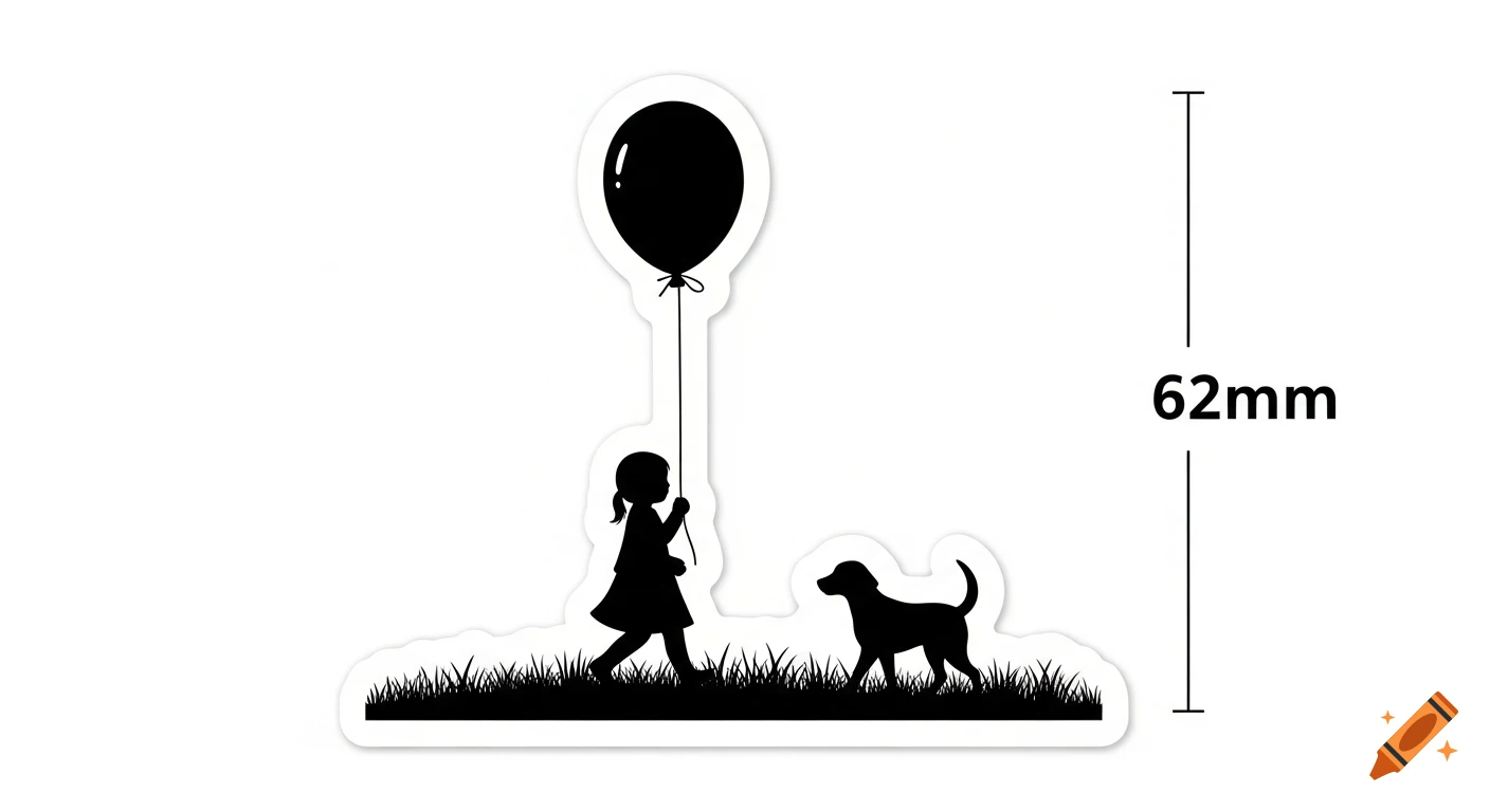 Black silhouette sticker design of a child holding a balloon, walking with a dog in grass, against a white background.
