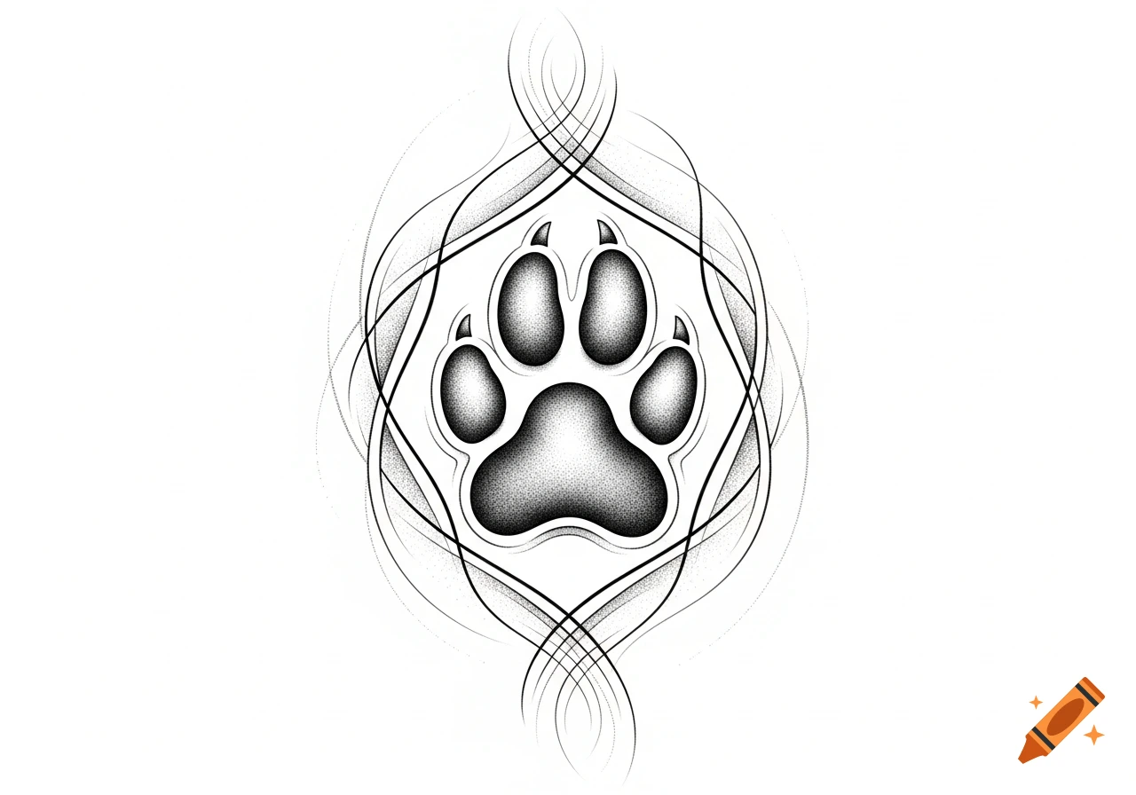Black and white stylized paw print with stippling shading, encircled by fine, swirling lines in a tattoo design.