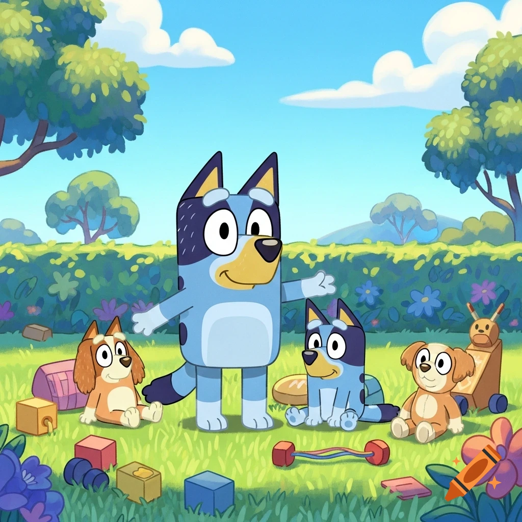 Cartoon illustration of Bluey, Bingo, and other dog characters playing in a sunny green park with toys.