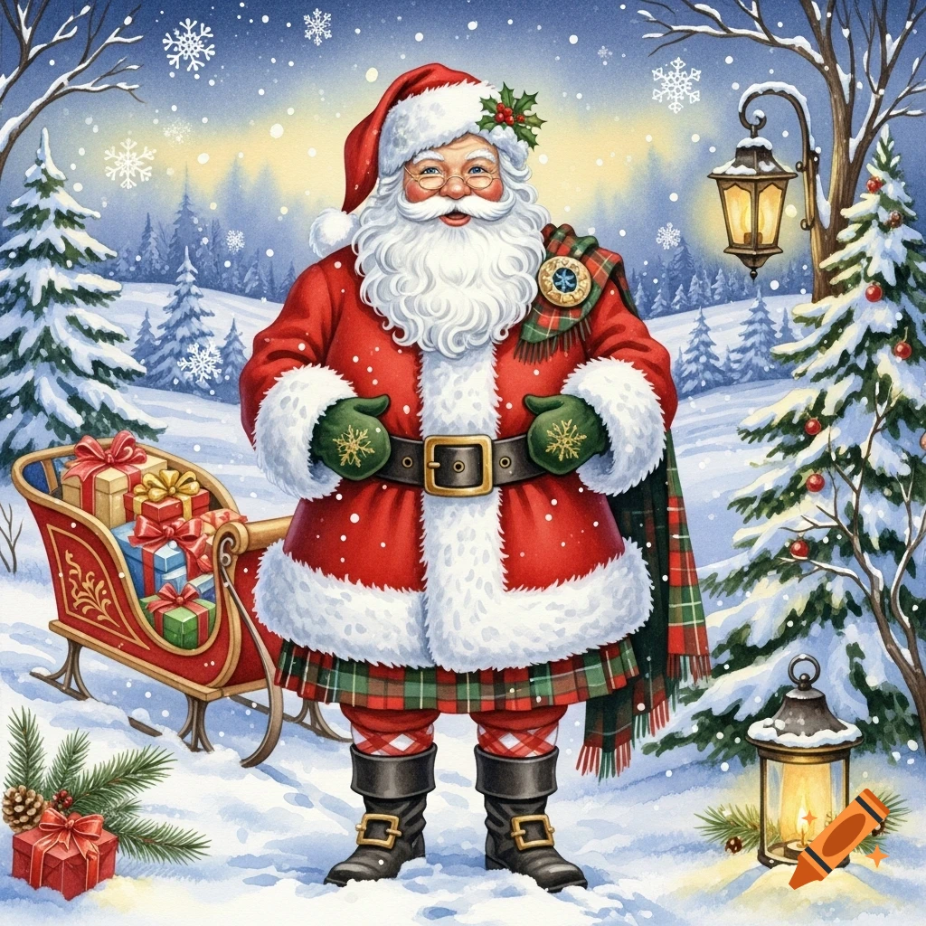 A festive watercolor illustration of Santa Claus in a kilt, standing in a snowy winter forest with a sleigh of gifts.