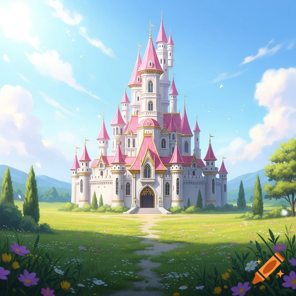 A vibrant fairy tale castle with pink roofs, white walls, and gold trim stands in a lush green field under a blue sky.