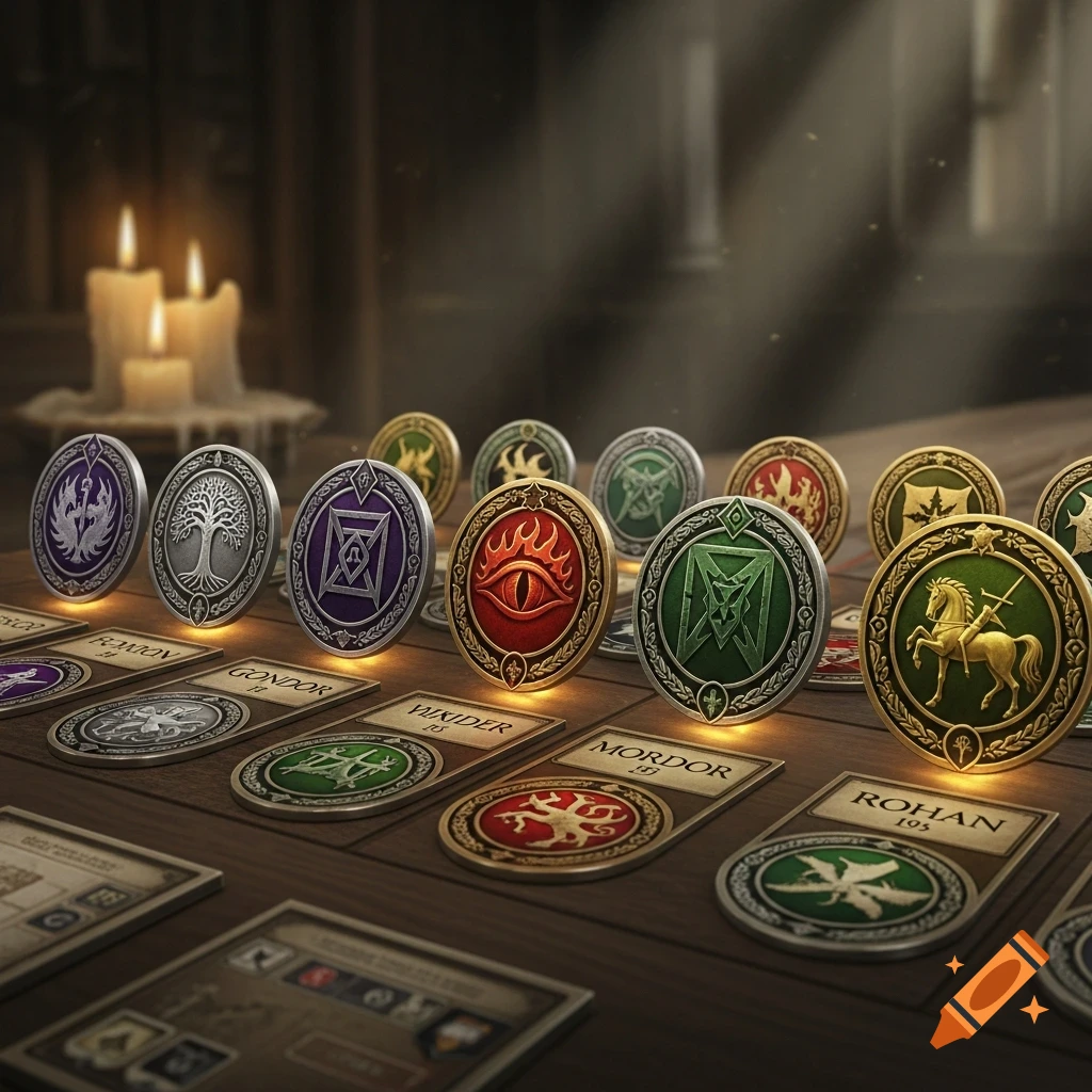 Close-up of ornate fantasy game tokens and cards, depicting symbols like an eye, tree, and horse, illuminated on a wooden table with candles.