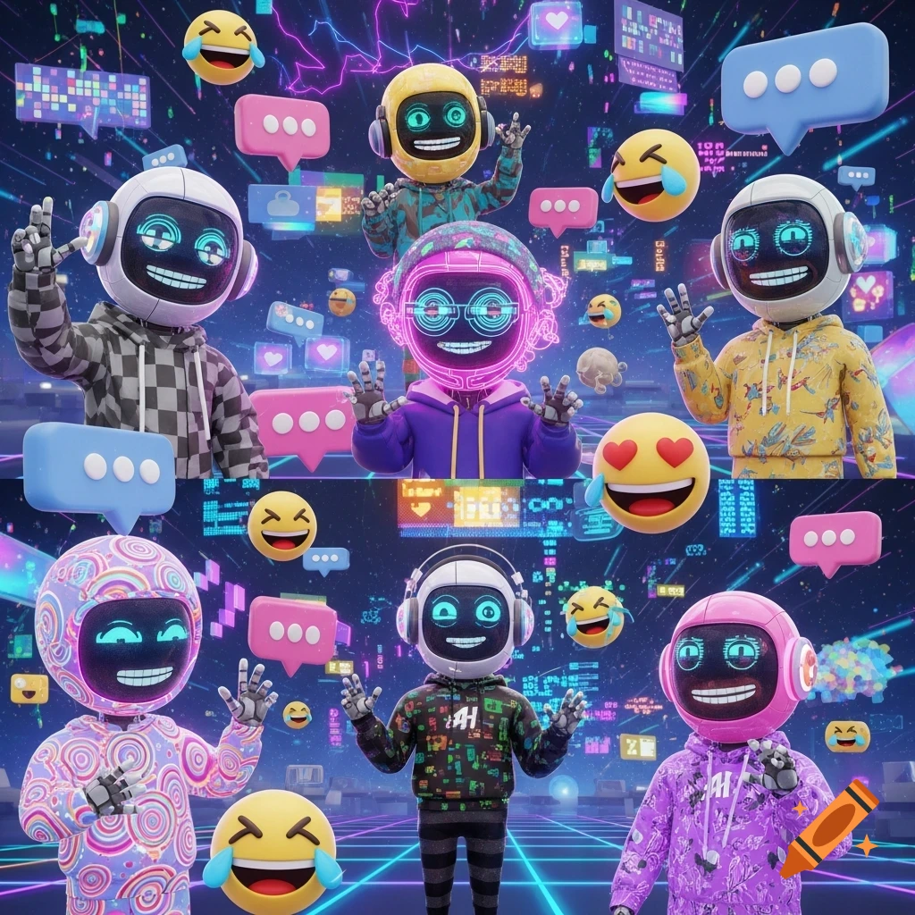A group of diverse, colorful robots with glowing faces and headphones, surrounded by various emojis and chat bubbles in a neon digital landscape.