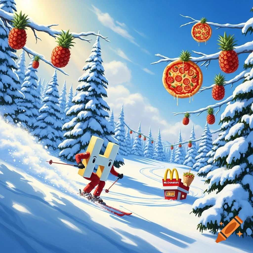 A cartoon letter H skis down a snowy mountain slope past a miniature McDonald's stand, beneath trees adorned with pizzas and pineapples.