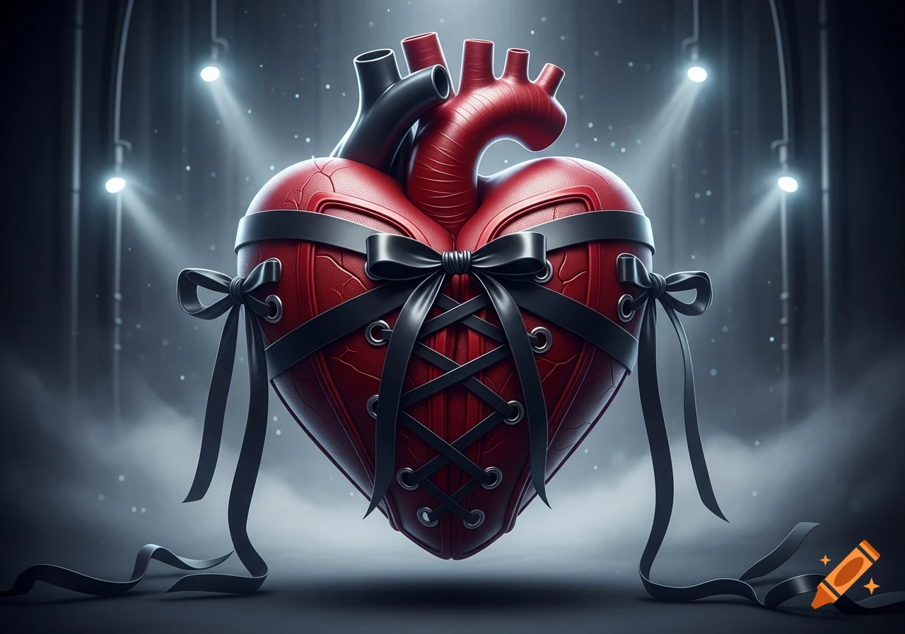 Photorealistic red anatomical heart with black corset lacing and ribbons, illuminated by spotlights in a dark, dusty setting.