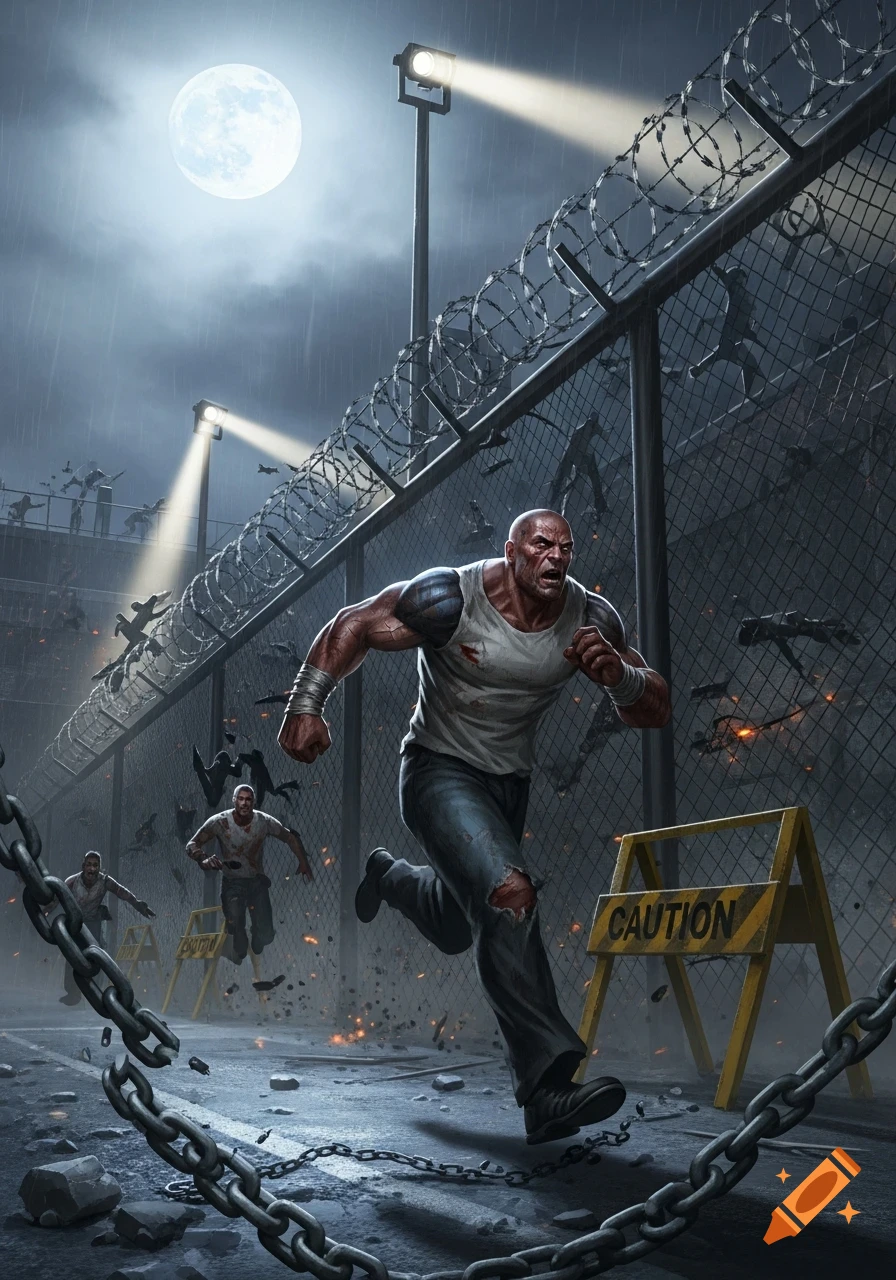 Muscular man running from a fence with barbed wire and chains, pursued by figures in a rainy, moonlit prison yard.