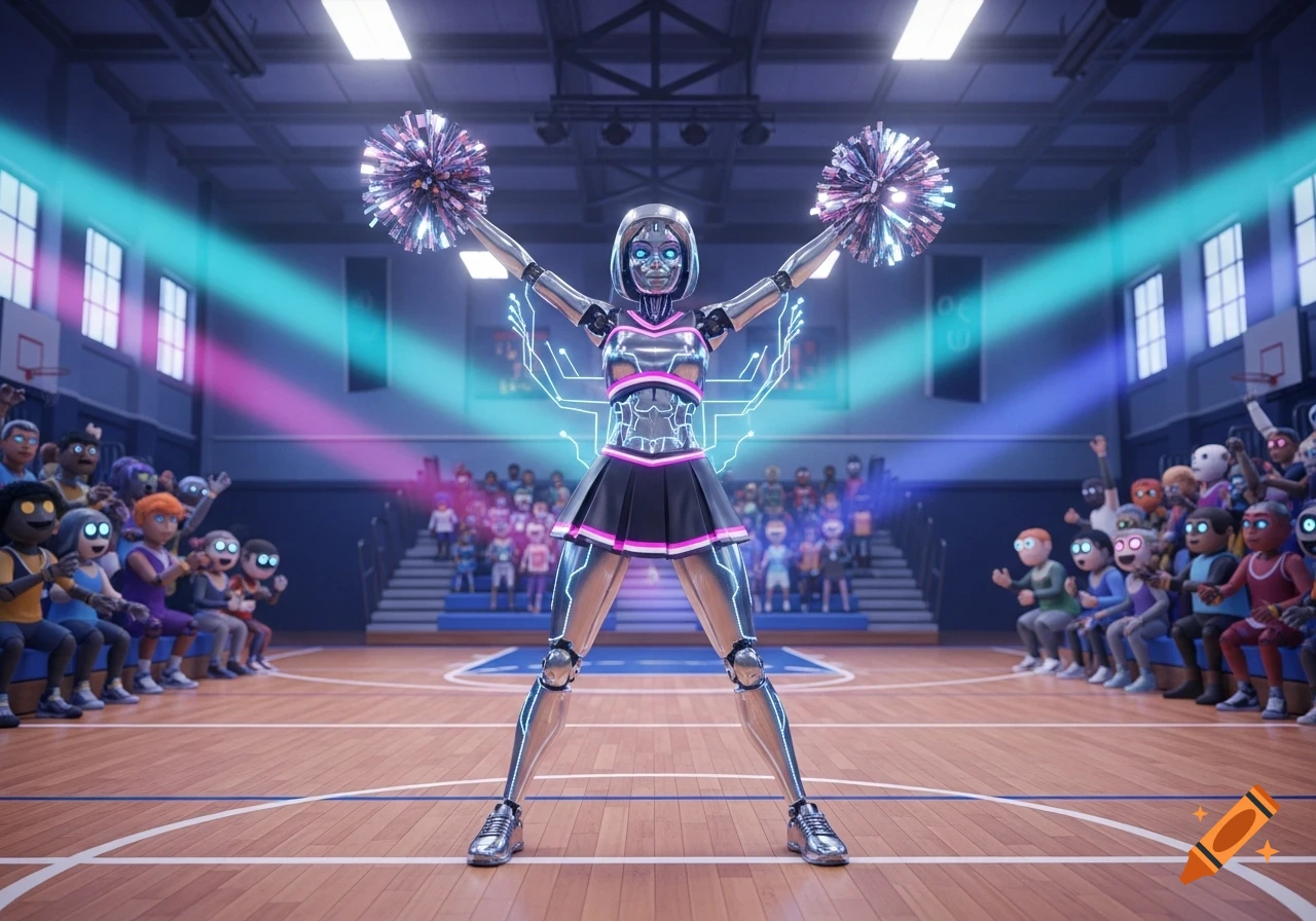 A shiny silver robot cheerleader with glowing blue eyes and pink circuits poses in a brightly lit gymnasium before a crowd.