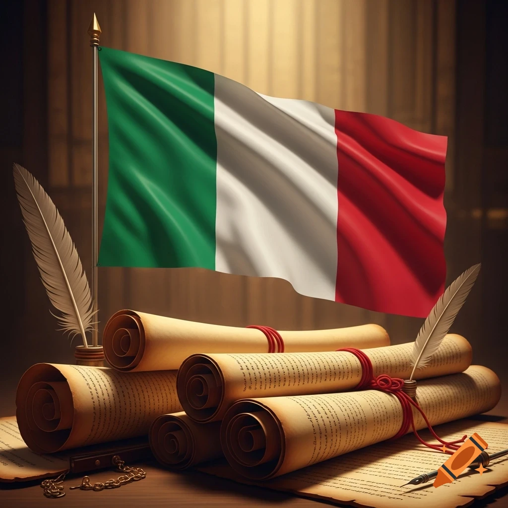 Italian flag waving above antique scrolls and quill pens on a wooden table, depicting law and government.